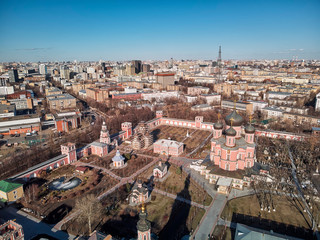 Donskoy Monastery is a major monastery in Moscow. Aerial drone view