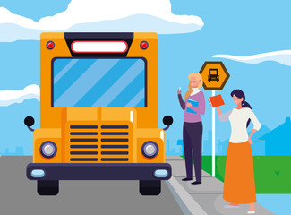 female teachers couple in stop bus characters