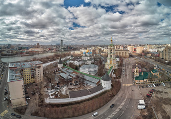 Moscow. Novospassky monastery. The bell tower and church of miracle worker St. Sergius of Radonezh. Aerial view