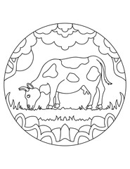 Cow pattern. Illustration of cow. Mandala with an farm animal.  Cow in a circular frame. Coloring page for kids and adults.
