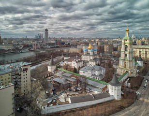 Moscow. Novospassky monastery. The bell tower and church of miracle worker St. Sergius of Radonezh. Aerial view