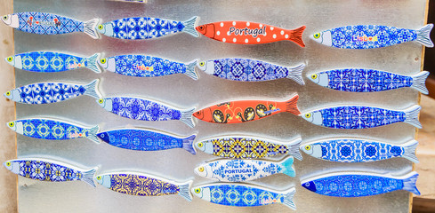 Decorated local ceramic Sardines in Portuguese souvenir store in Lisbon