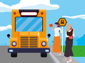 female teachers couple in stop bus characters