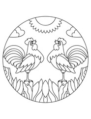 Rooster pattern. Illustration of roosters. Mandala with an animal.  Roosters in a circular frame. Coloring page for kids and adults. Farm bird in nature.
