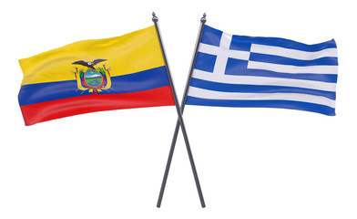 Ecuador and Greece, two crossed flags isolated on white background. 3d image