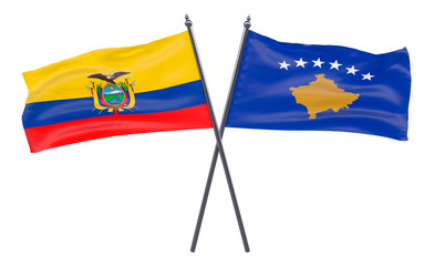 Ecuador and Kosovo, two crossed flags isolated on white background. 3d image