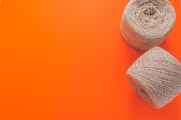 Two skein of wool yarn with copy space for text frame.