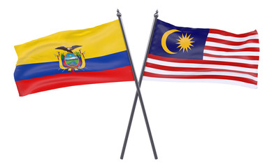 Ecuador and Malaysia, two crossed flags isolated on white background. 3d image