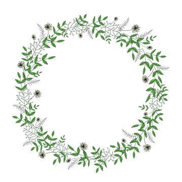 Vector wreath of garden flowers and herbs. Hand drawn cartoon style illustration. Cute summer or spring frame for wedding, holiday or card design