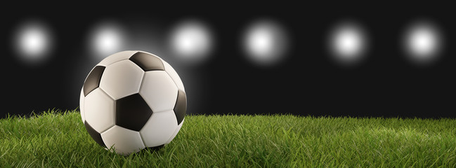 soccer ball green grass 3d-illustration and flood lights