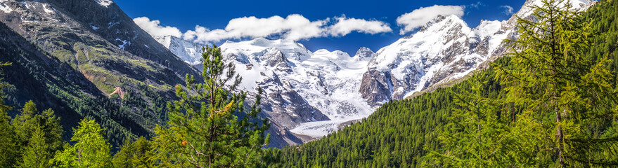 Tschierva Glacier and Bernina mountain from Corvatsch, canton of Graubunden, Grisons, Switzerland, Europe.