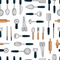 Vector seamless pattern of colored kitchen tools. Repeat background with isolated colorful cutlery, spatula, whisk, knife, spoon, ladle, fork, pizza cutter, corkscrew, vegetable peeler, rolling pin