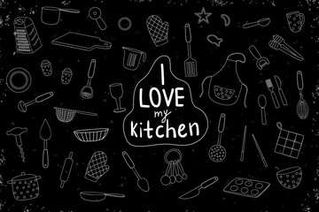 Vector set of white kitchen tools on black background. Cartoon style