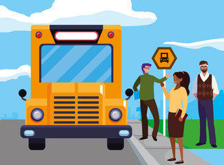interracial teachers group in bus stop