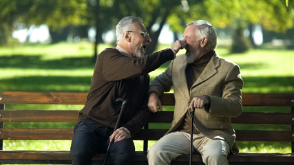 Elderly male joking with friend, old men having fun in summer park, retirement