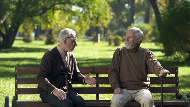 Old Man Emotionally Telling Unbelievable Story To Friend, Leisure Time In Park