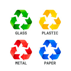 Different colored recycle waste signs. Waste types segregation recycling. metal plastic, paper, glass waste. waste sorting rules.