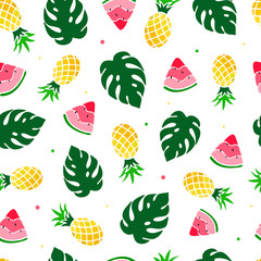 Cute seamless pattern with pineapples, watermelons and mostera leaves.