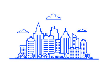 Obraz premium Blue Thin line City landscape. Downtown landscape with high skyscrapers. Panorama architecture. Goverment buildings Isolated outline illustration. City landscape template.