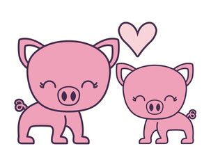 couple of cute piggy animal isolated icon