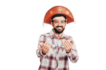 Brazilian man wearing traditional clothes for Festa Junina - June festival - isolated on white background