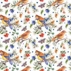 Watercolor vintage floral forest seamless pattern with birds, fir branches, berries, moth, flowers and branches