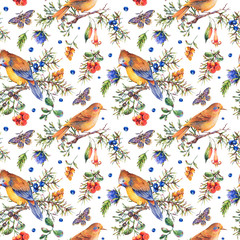 Watercolor vintage floral forest seamless pattern with birds, fir branches, berries, moth, flowers and branches