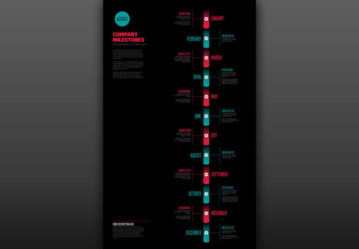 Full Year Timeline Layout with Teal and Red Accents