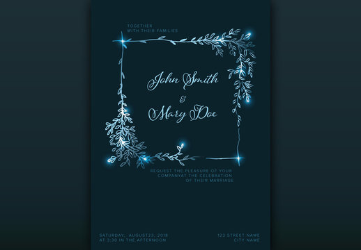 Dark Blue Wedding Invitation Layout with Light Natural Accents