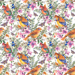 Watercolor summer vintage floral forest seamless pattern with birds, berries, moth, fern, pink flowers
