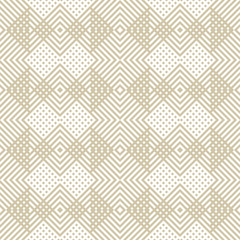 Golden vector geometric seamless pattern with crossing diagonal lines, squares