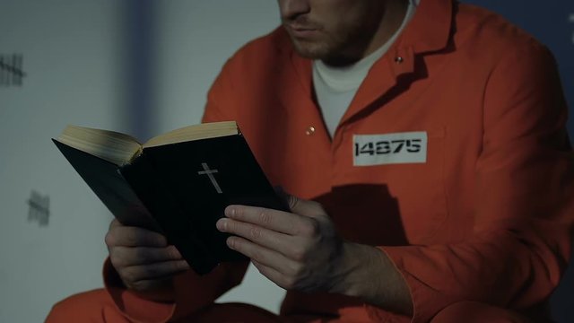Caucasian male prisoner reading holy bible in cell, hope for forgiveness, faith