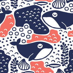 Seamless pattern with Whales. Great for fabric, textile, wrapping paper. Vector Illustration.