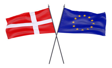 Denmark and European Union, two crossed flags isolated on white background. 3d image