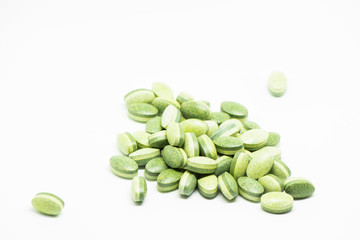  Medications in the form of capsules, tablets and gelatin on a white background