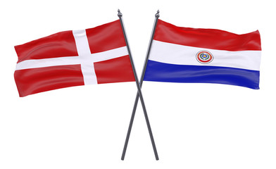 Fototapeta na wymiar Denmark and Paraguay, two crossed flags isolated on white background. 3d image