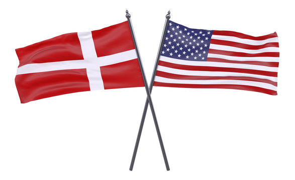 Denmark and USA, two crossed flags isolated on white background. 3d image