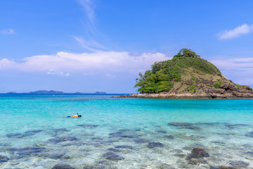 beautiful beach view Koh Chang island seascape at Trad province Eastern of Thailand on blue sky background , Sea island of Thailand landscape