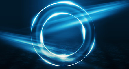 Background of empty street, room. Background of empty scene at night. Concrete coating. Reflection on wet pavement of neon lights. Neon blue lines. Dark abstract background.