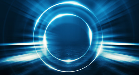 Background of empty street, room. Background of empty scene at night. Concrete coating. Reflection on wet pavement of neon lights. Neon blue lines. Dark abstract background.