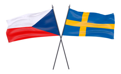 Czech Republic and Sweden, two crossed flags isolated on white background. 3d image