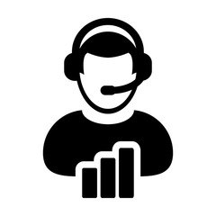 Customer service icon vector male data support person profile avatar with headphone and bar graph for online assistant in glyph pictogram illustration