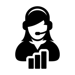 Customer service icon vector female data support person profile avatar with headphone and bar graph for online assistant in glyph pictogram illustration