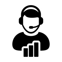 Data analytics service icon vector male customer support person profile avatar with headphone and bar graph for online assistant in glyph pictogram illustration