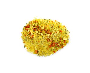Grounded spice ingredient of dry mix vegetables isolated on white. Vegeta spices. A pile of a yellow spice mix.  Spices consist dried dehydrated vegetables carrot paprika onion garlic parsnip parsley 