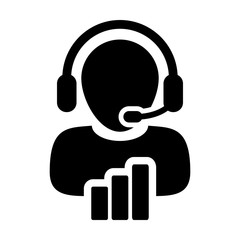 Customer helpline icon vector male data support service person profile avatar with headphone and bar graph for online assistant in glyph pictogram illustration