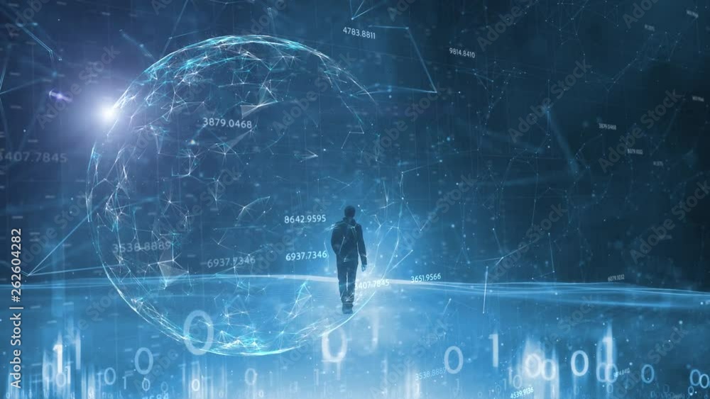 Poster man and digital computer cyberspace network with artistic sunny sphere background.