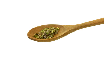 Pile of dried oregano isolated on white. Pile of dried oregano leaves on a white background. Spice for pizza. Pizza ingredient.