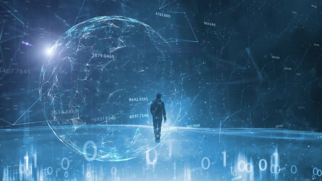 Man and digital computer cyberspace network with artistic sunny sphere background.
