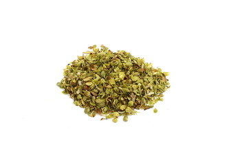 Pile of dried oregano isolated on white. Pile of dried oregano leaves on a white background. Spice for pizza. Pizza ingredient.